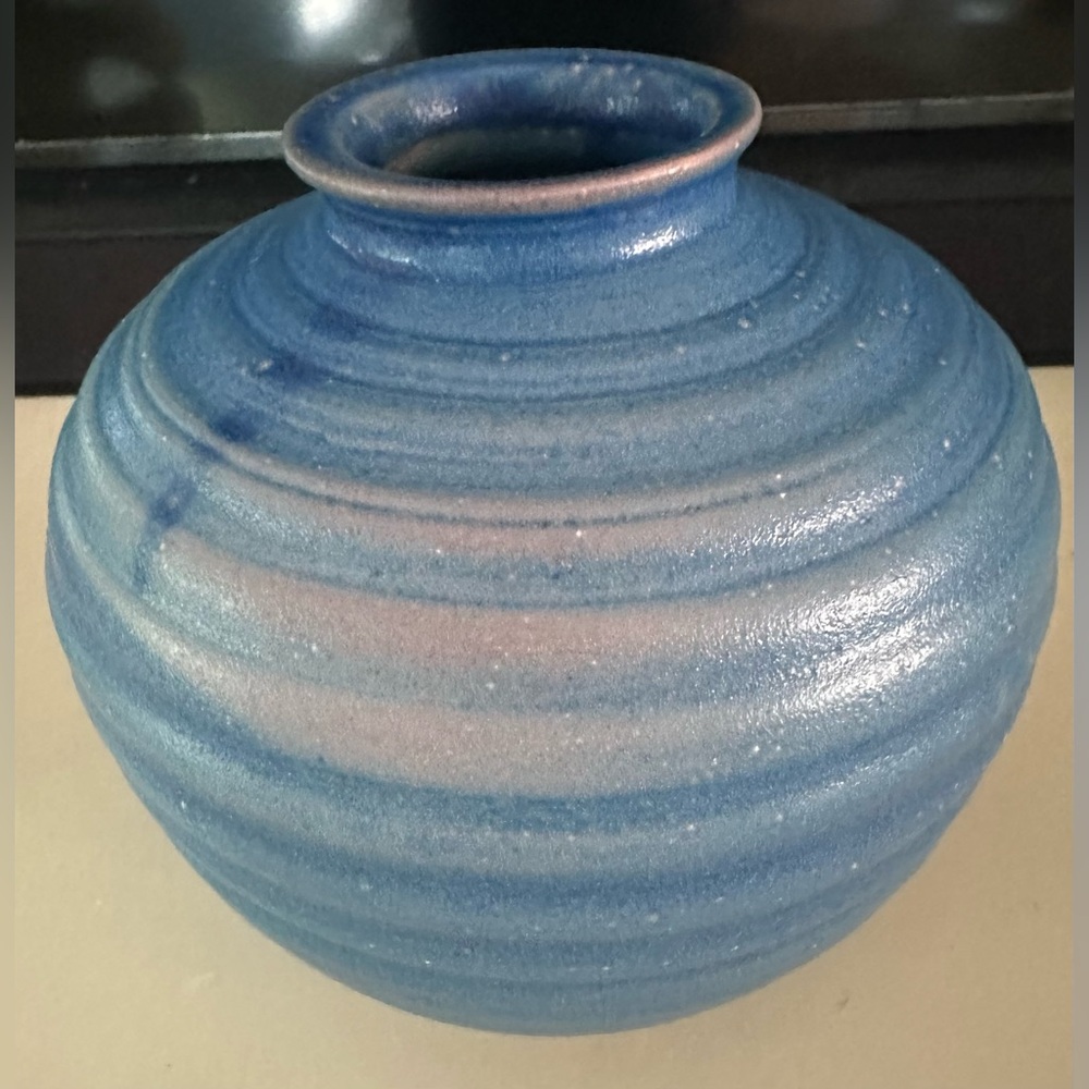 Stunning Studio Pottery Vase Coiled Spherical Design Urn Blue OOAK Signed 1992